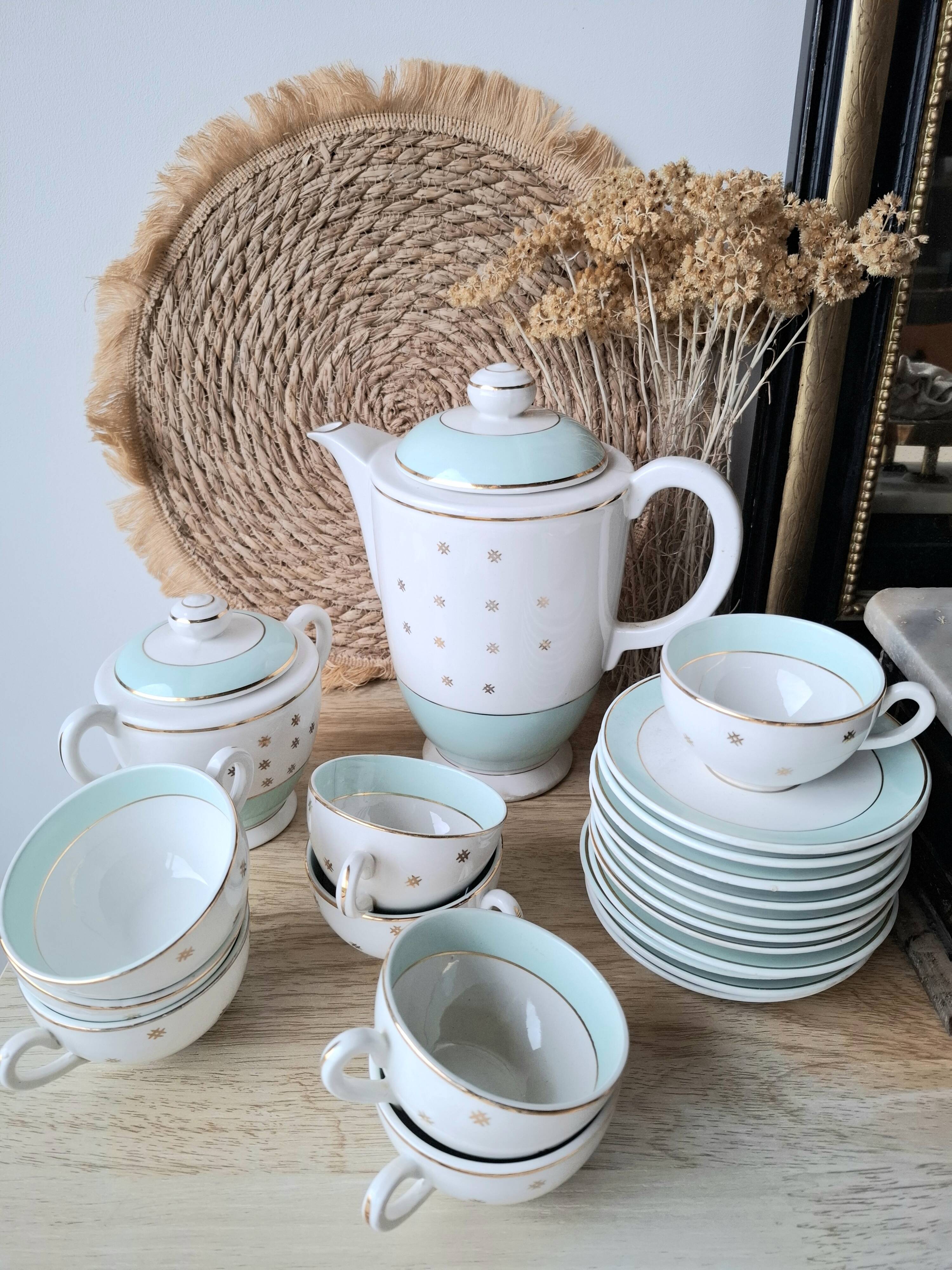 Vintage white and aqua tea service - gold trim - Luneville