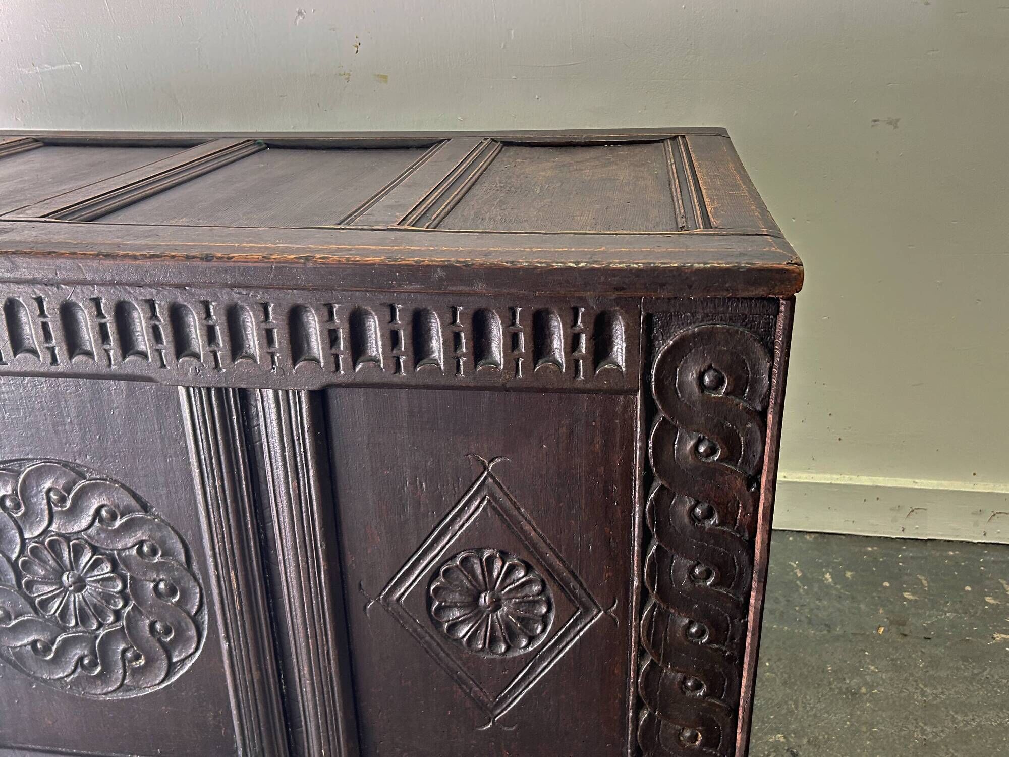 Rare 17th Century Carved Oak Coffer Charles II Period Circa 1660-1680c