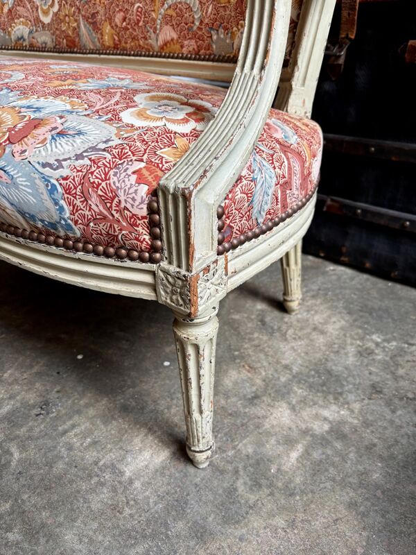 Banquette à la reine d'époque Louis XVI, tissus indienne