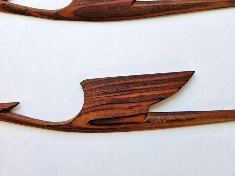 Pair of rare mid-century wooden wall sculptures representing birds and herons, Denmark, 1960s.