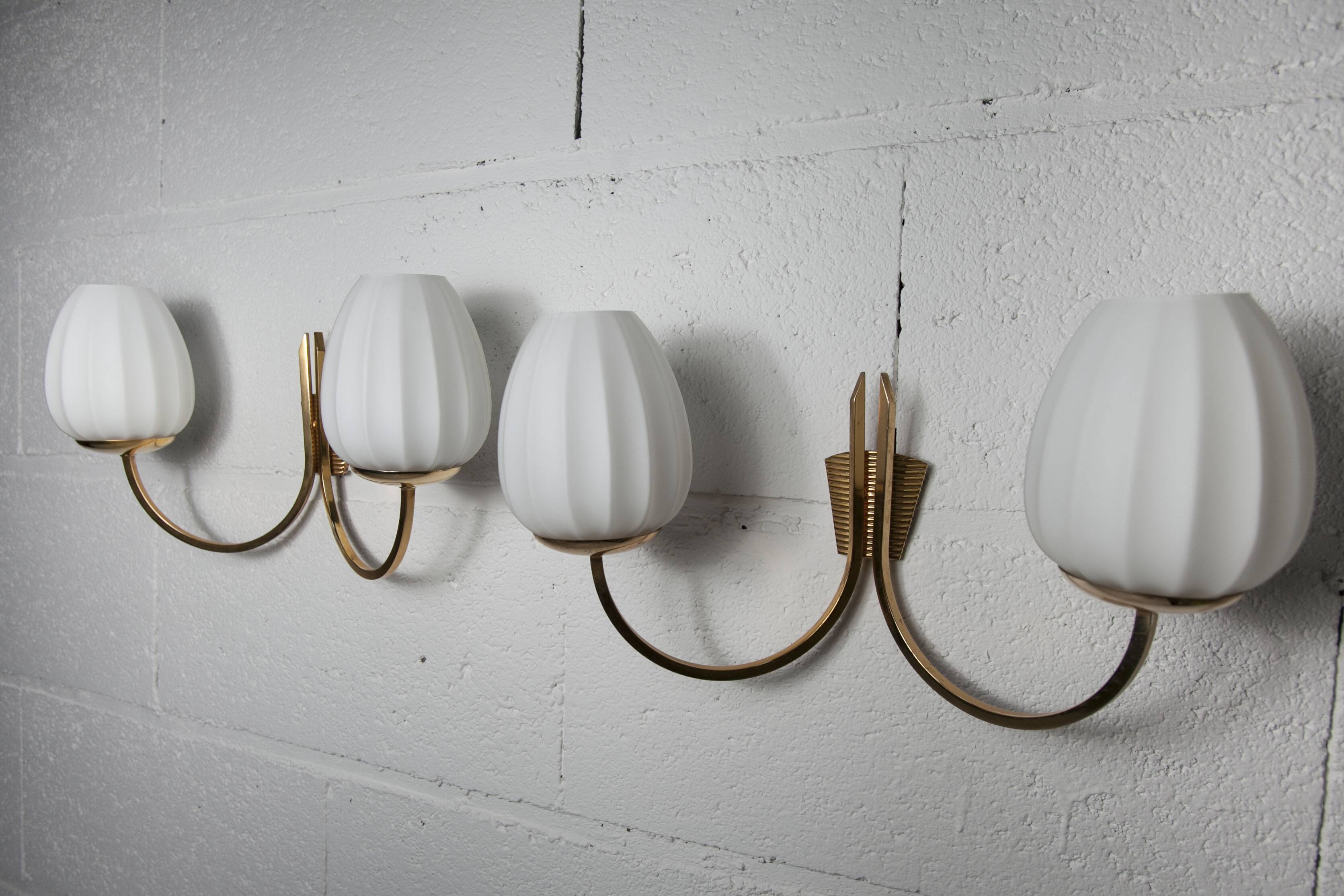 Pair of 1960 opaline and brass wall lights from Italy