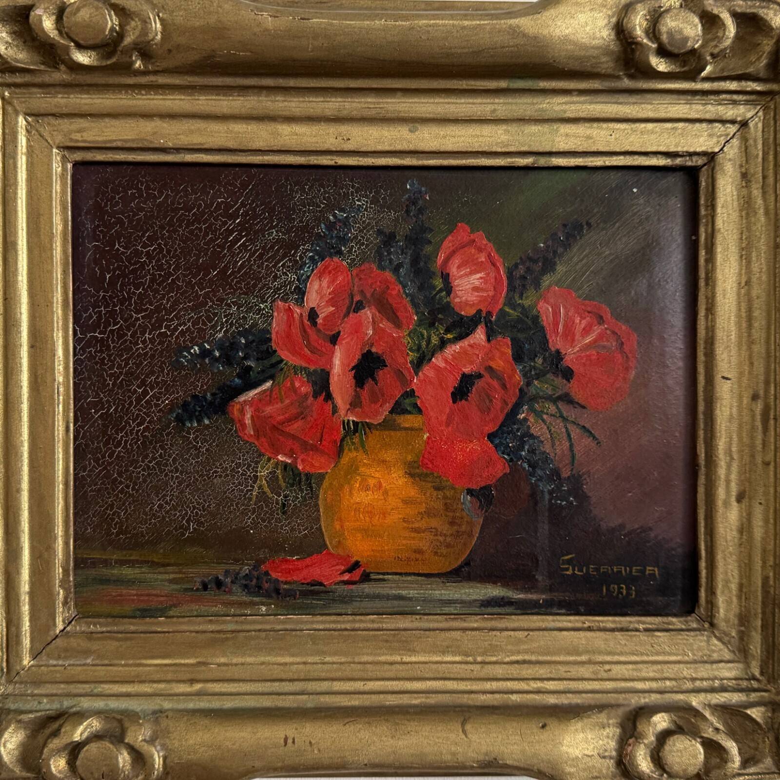 Huile sur panneau par Suefirier 1933 nature morte aux coquelicots