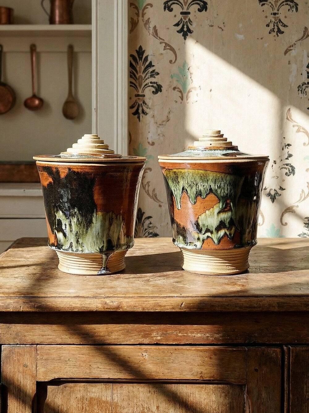 Pair of vintage 80s-90s Japanese-style stoneware pots, studio pottery, handcrafted and signed