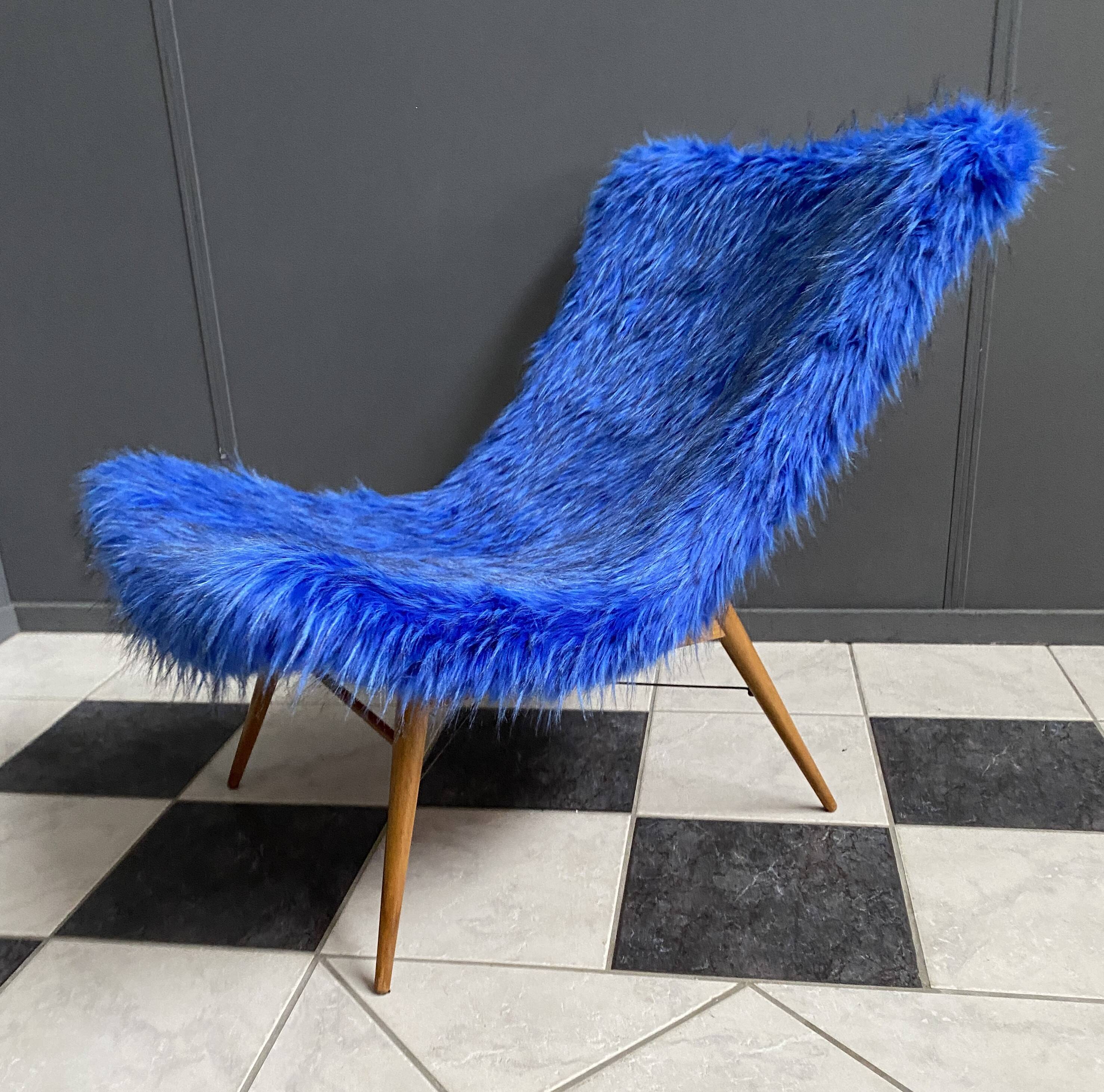 iconic Miroslav Navratil chair blue fluffy fabric for Český Nábytek 1960s