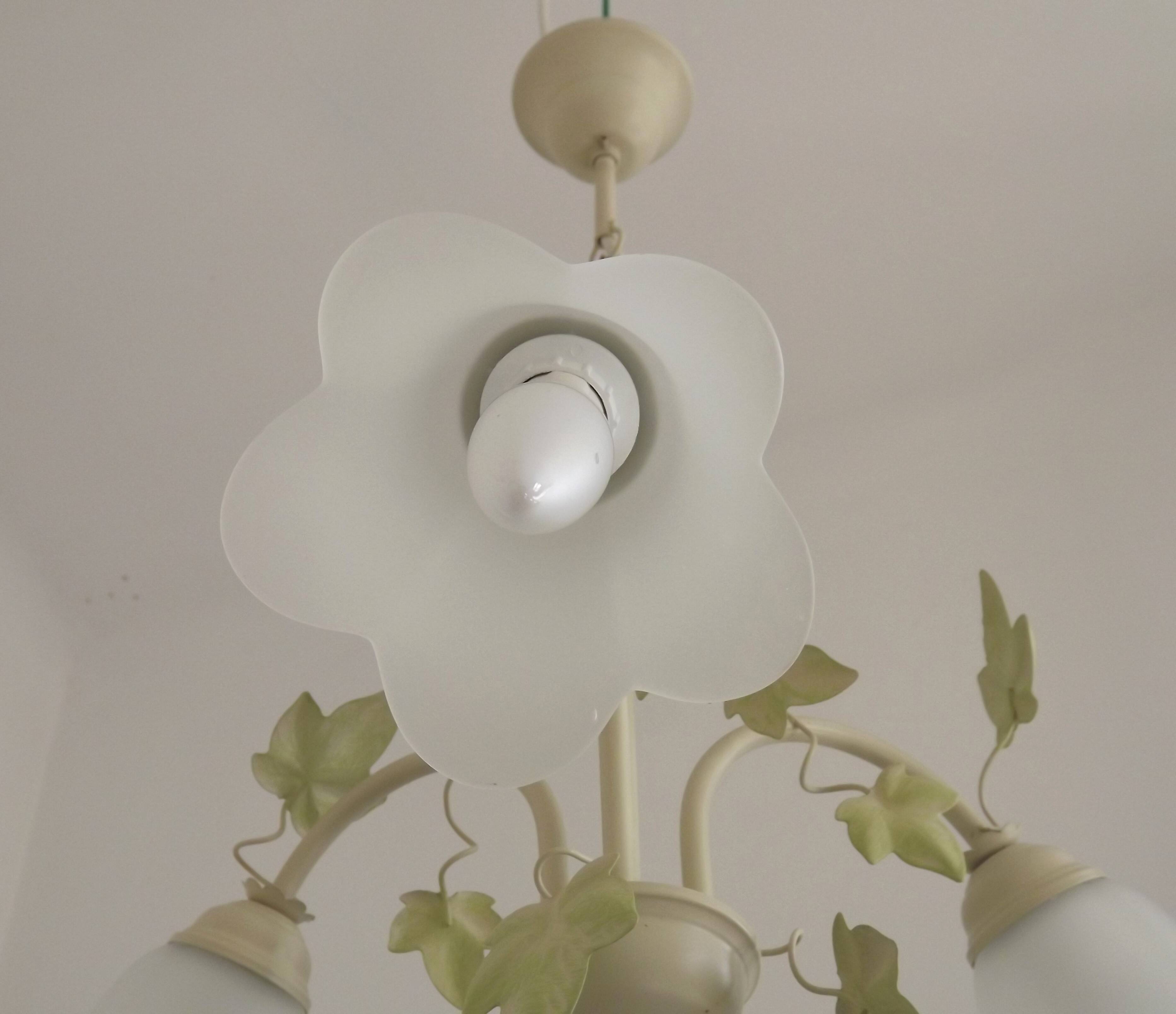 French Vintage 3 Light Green Ivy Chandelier with Opaque Glass Shades