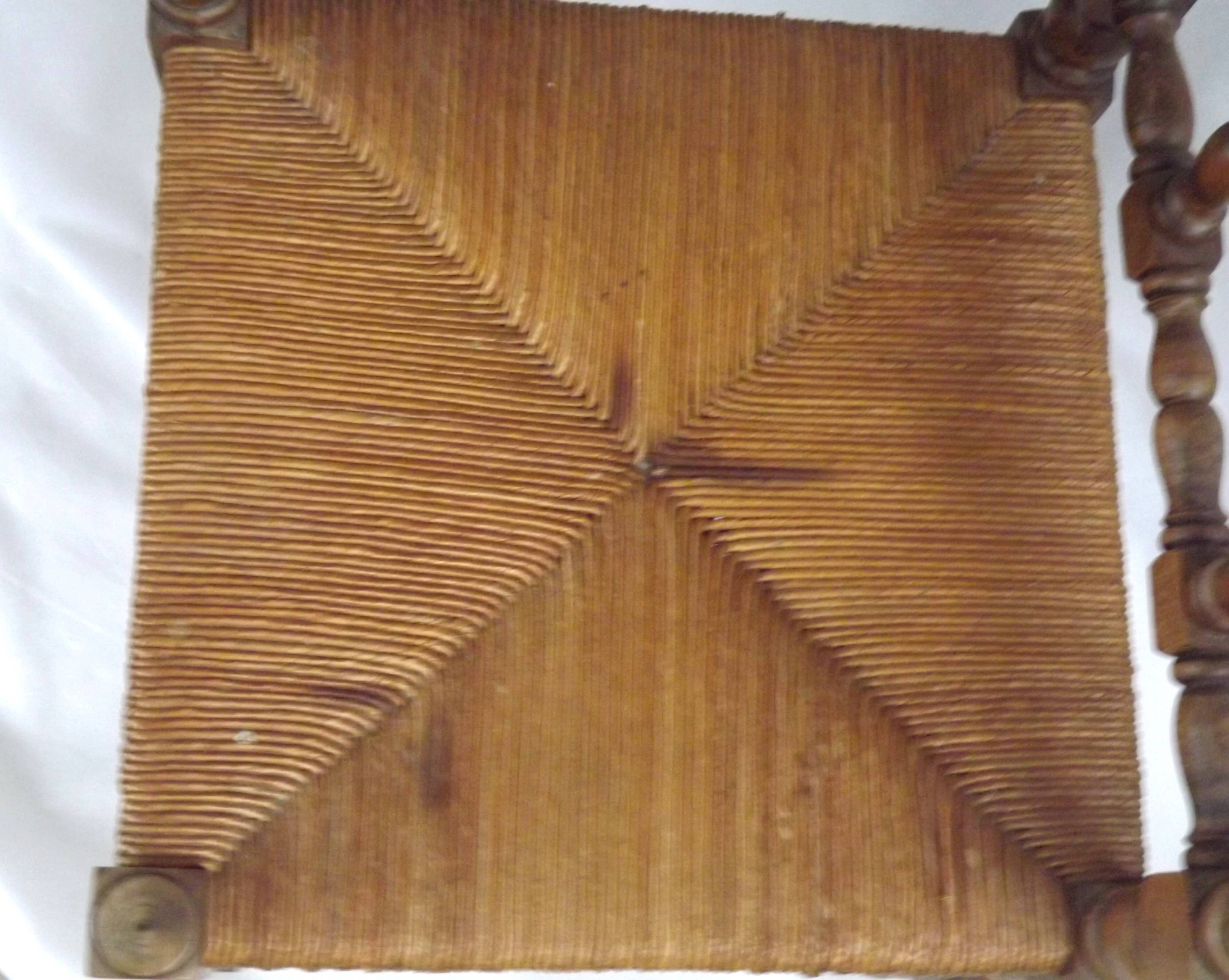 Antique French Turned Wooden Bobbin Chair with Rush Seat