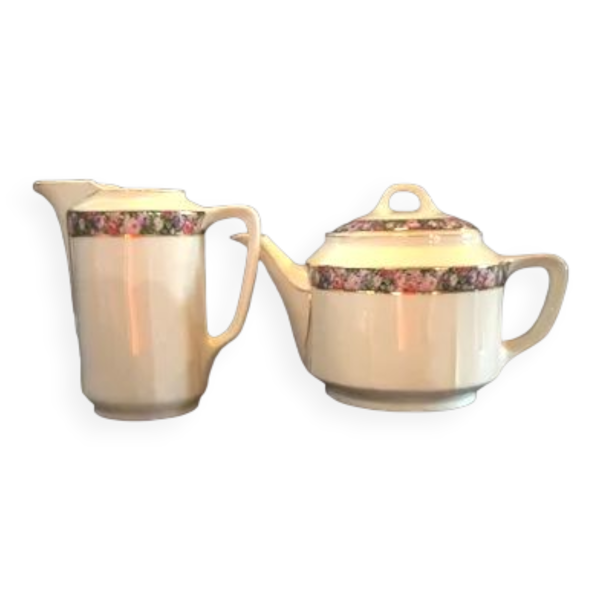 Duo théière pot à lait - bandeau fleuri et liseret doré Porcelaine KPM