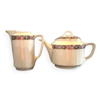 Duo théière pot à lait - bandeau fleuri et liseret doré Porcelaine KPM