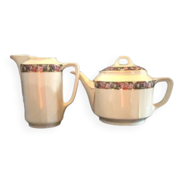 Duo théière pot à lait - bandeau fleuri et liseret doré Porcelaine KPM