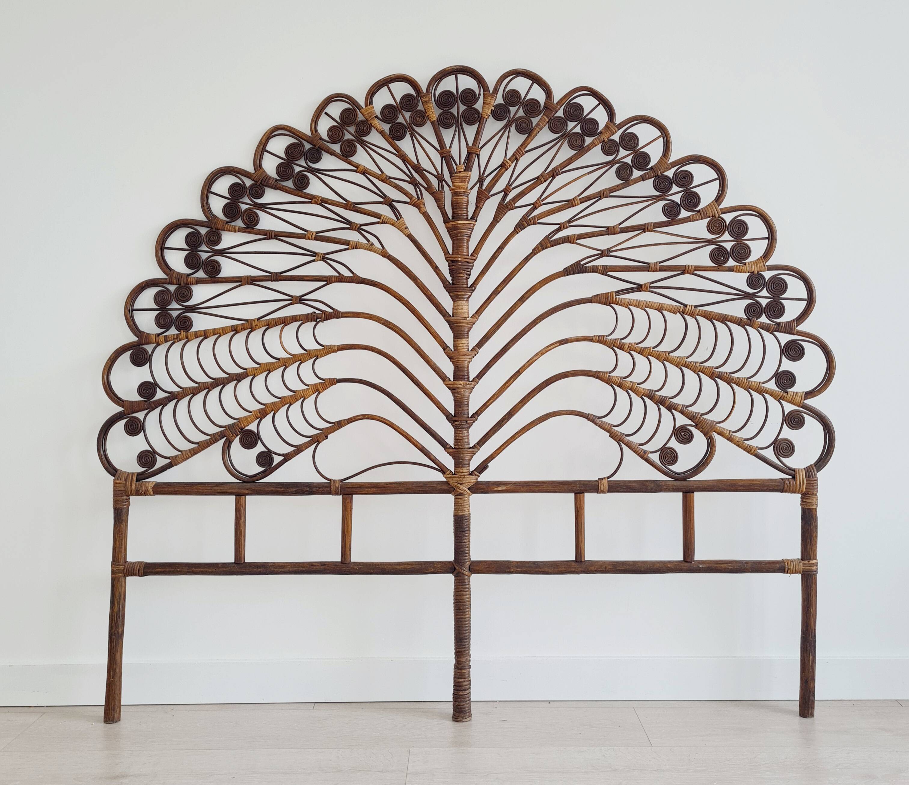 Antique peacock rattan headboard