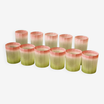 Set of 11 Italian frosted glasses, green and pink, Bormioli