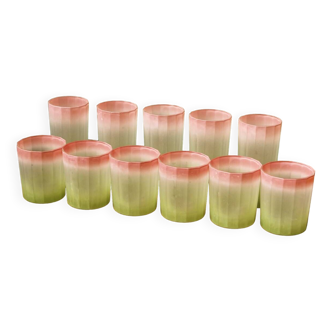 Set of 11 Italian frosted glasses, green and pink, Bormioli