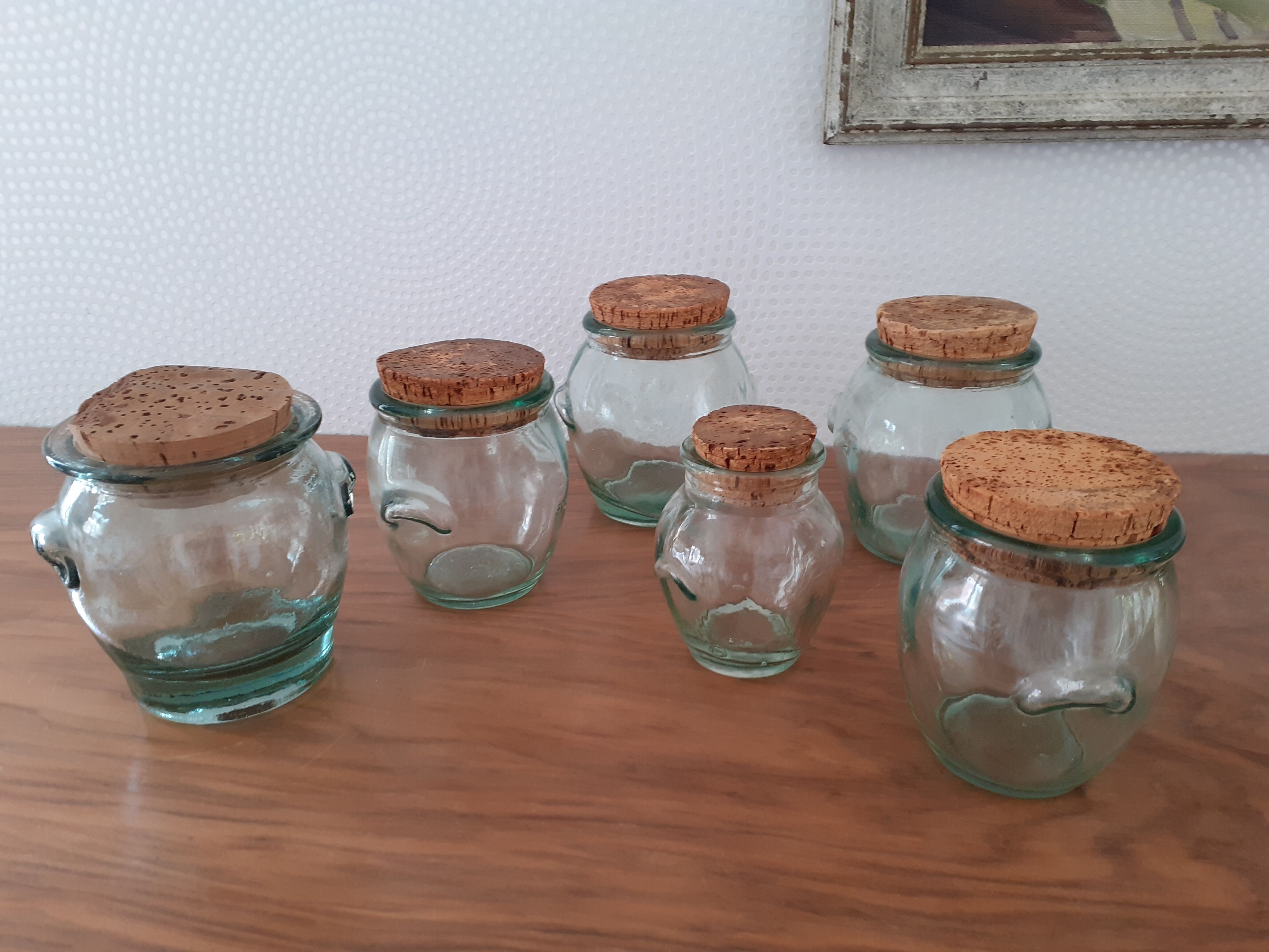 6 glass jars with vintage cork caps
