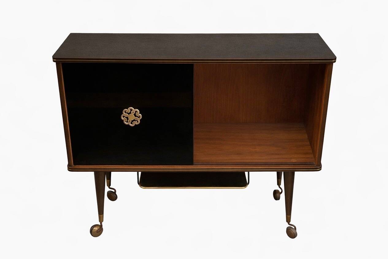 Vintage display bar cabinet on wheels from the 60s/70s.