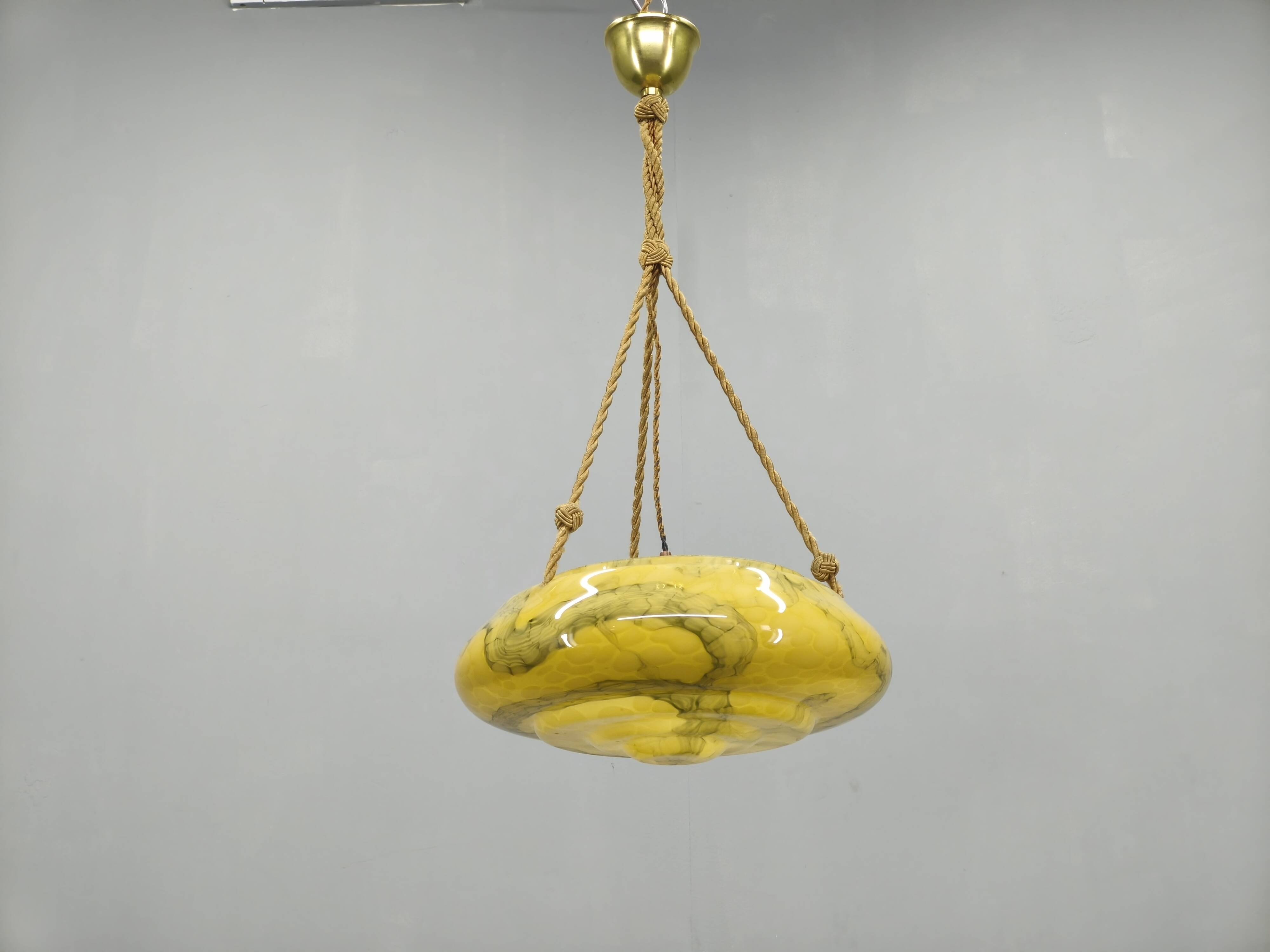 Art Deco Pendant Light, Marbled Glass and Brass, 1930s