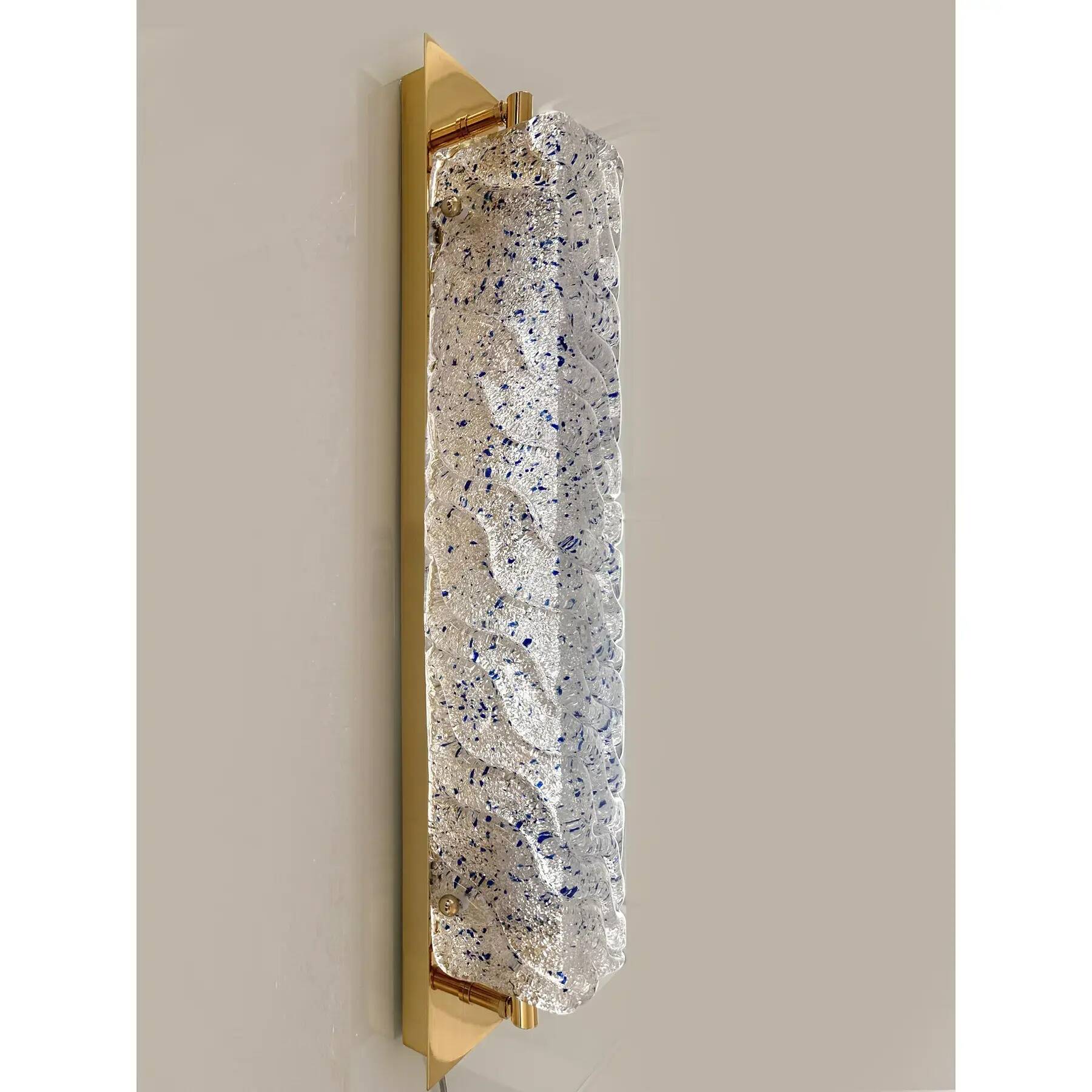 Pair of Gold Wall Sconces With Blue Graniglia Murano Glass