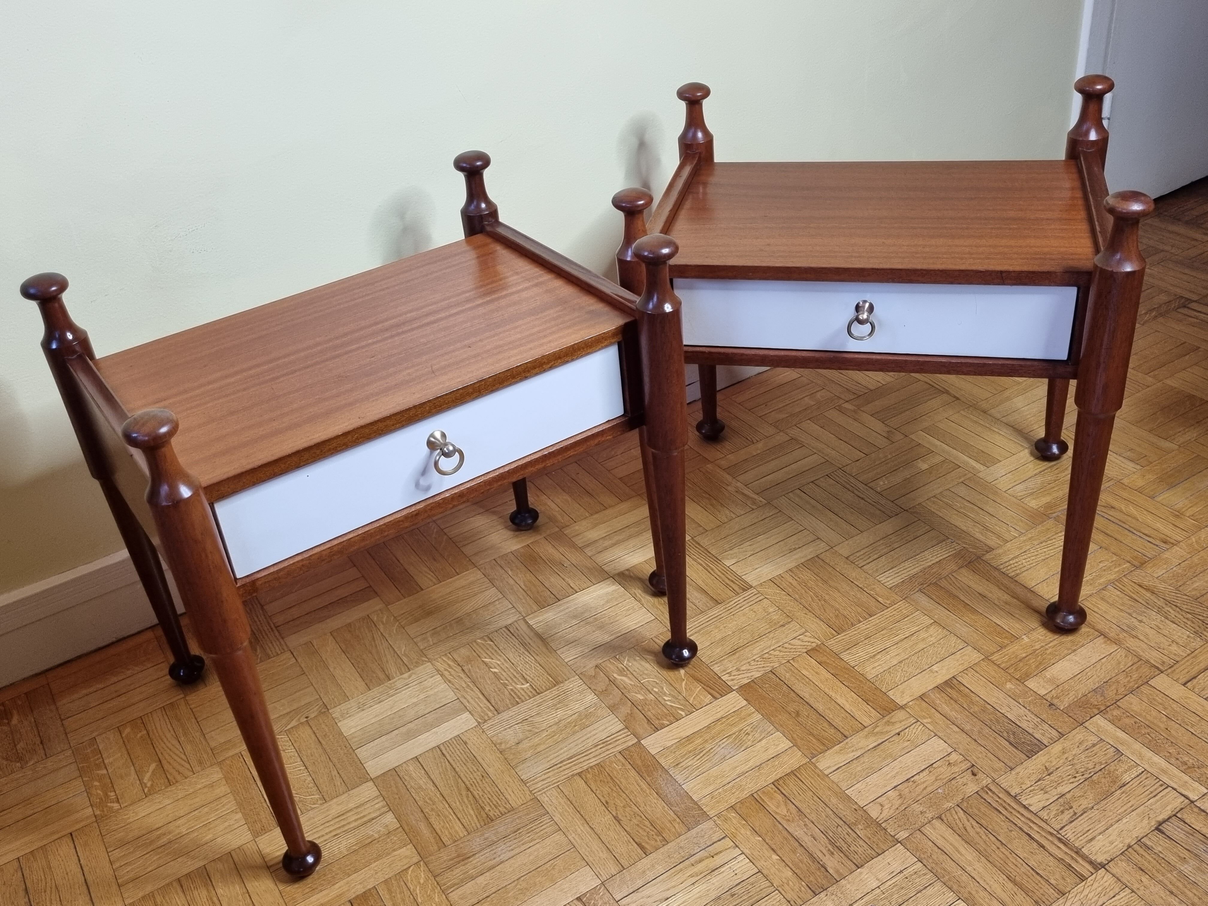 Pair of mahogany and veneer wood bedside tables, Gautier, 60s