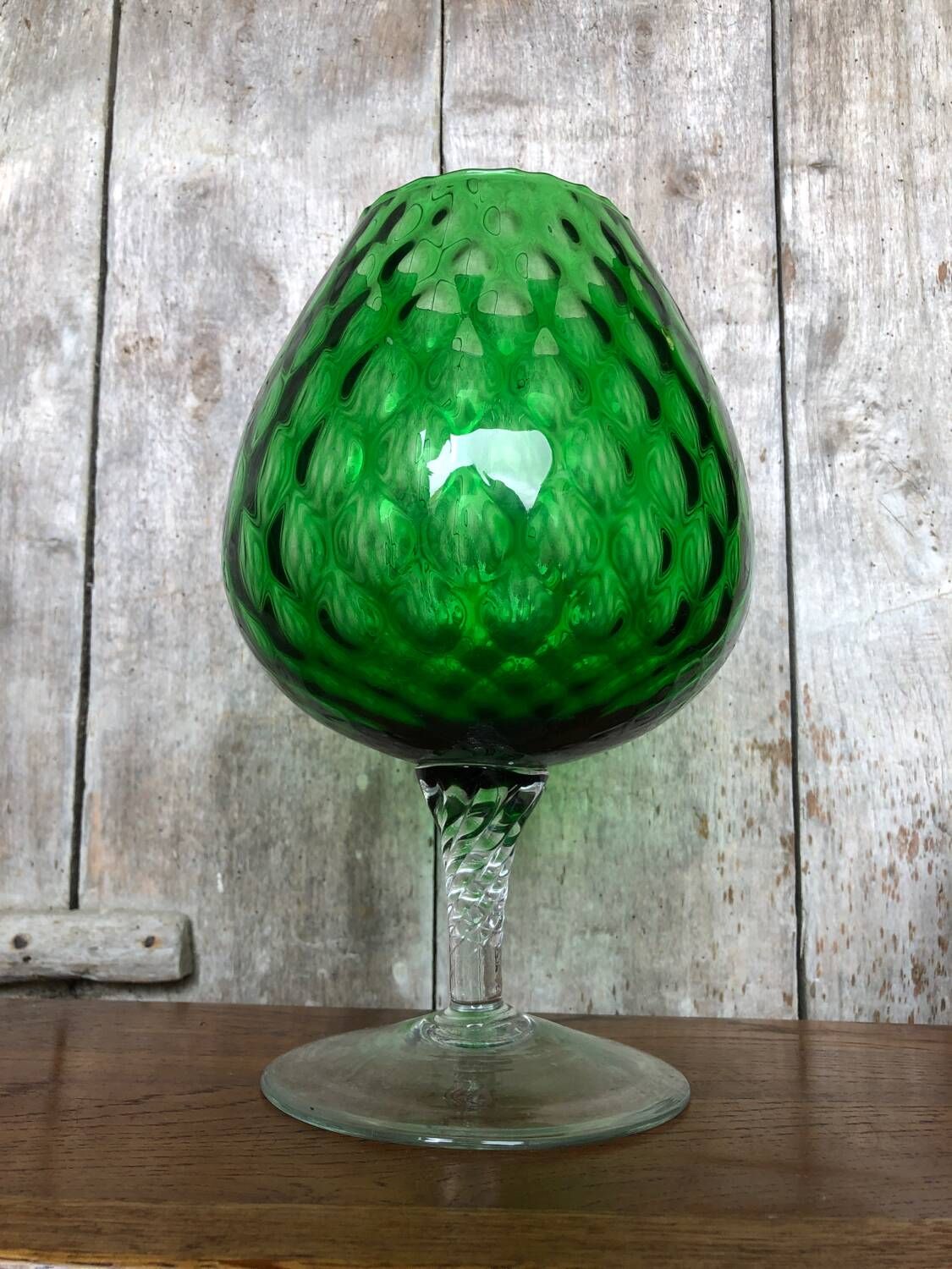 Old vase on foot empoli green glass transparent foot vintage