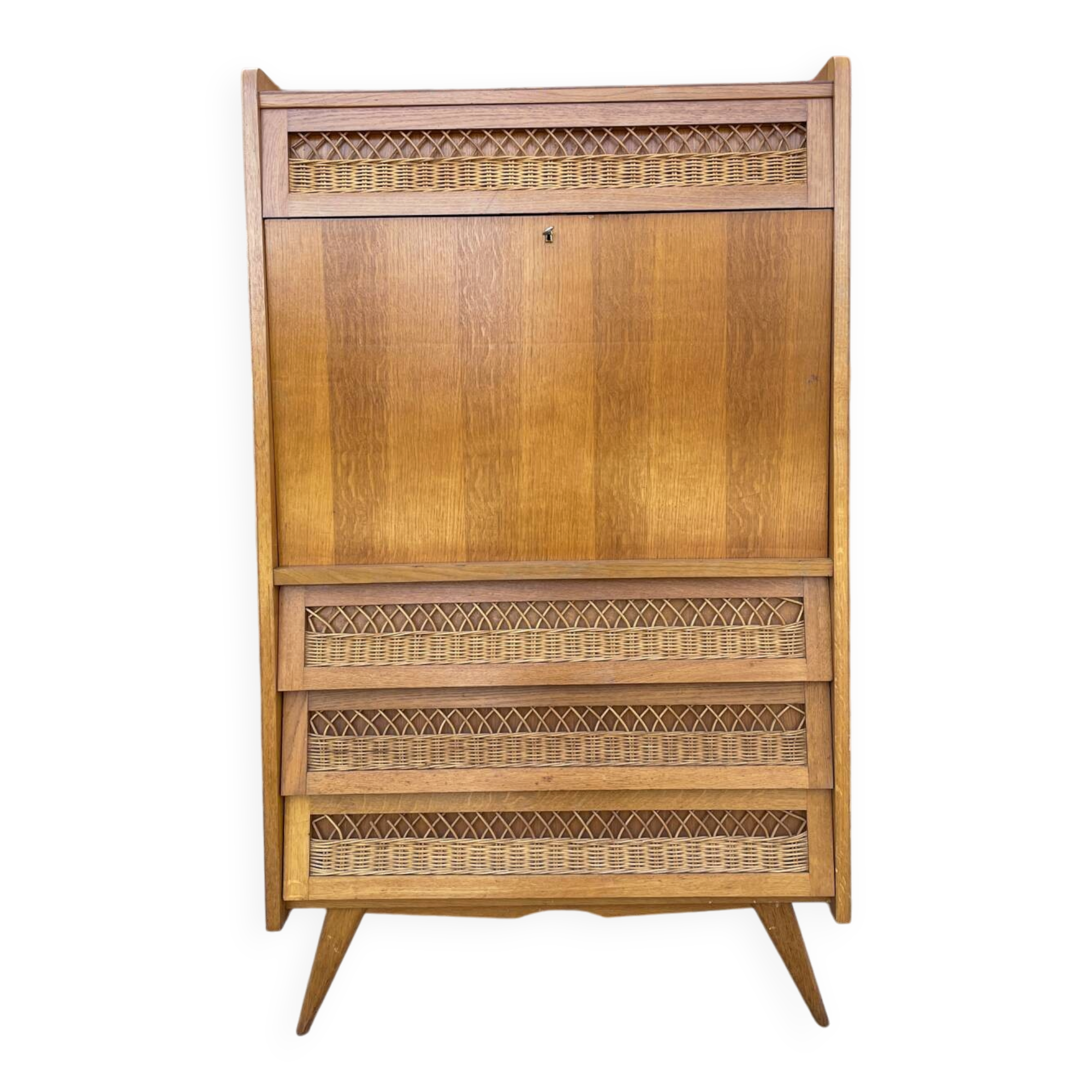 Secrétaire bois et rotin vintage