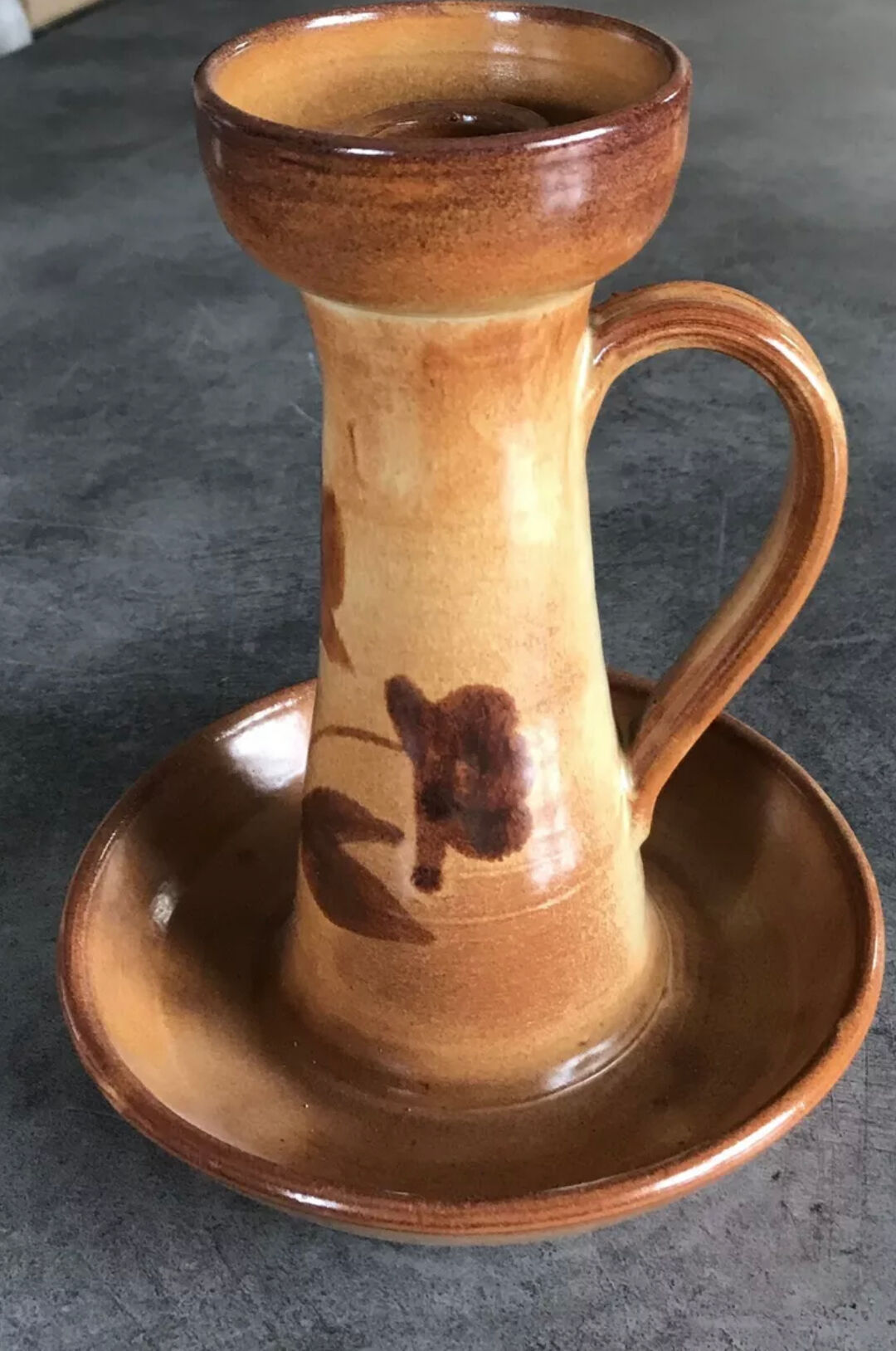 Vintage candle holder in glazed terracotta floral paint decoration