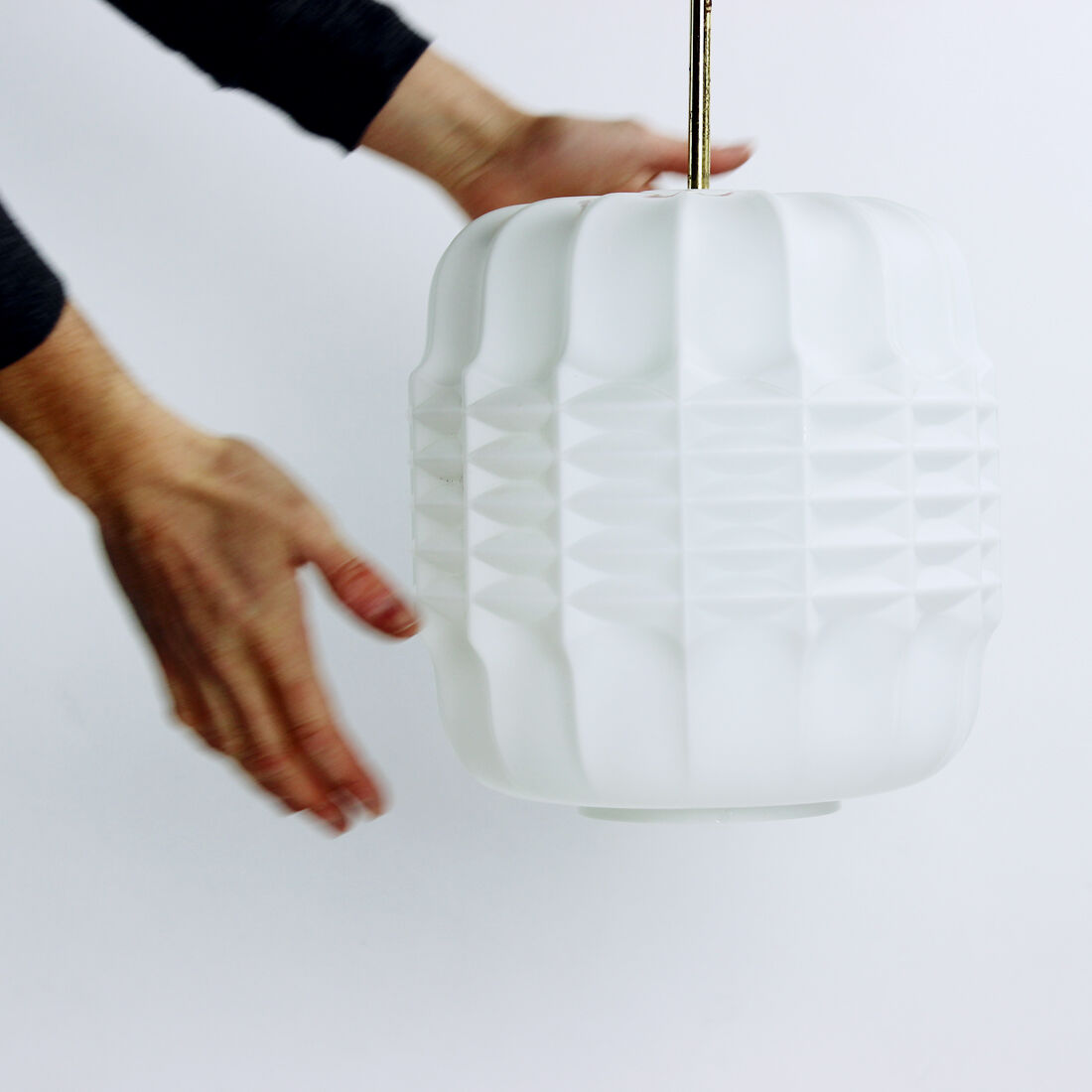 Midcentury Ceiling Pendant In White Glass And Brass, Czechoslovakia 1960s