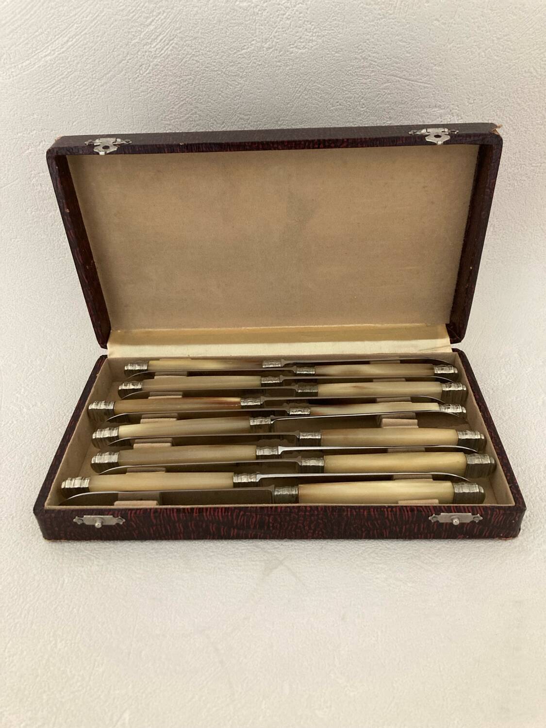 Complete Set of 12 Stainless Steel Cheese Knives with Bakelite Handles and Art Deco Ferrules