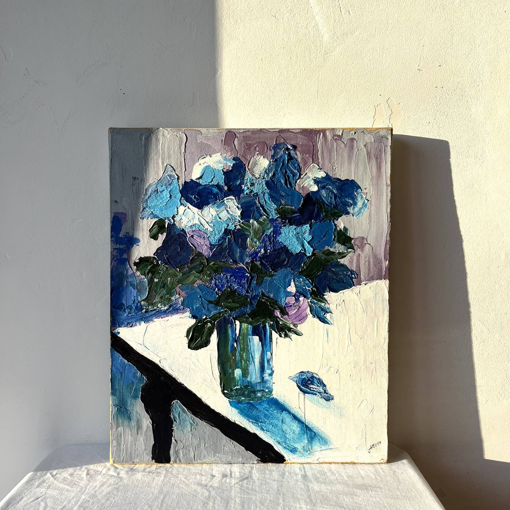 Contemporary still life with flowers, blue flowers, J. Heguy