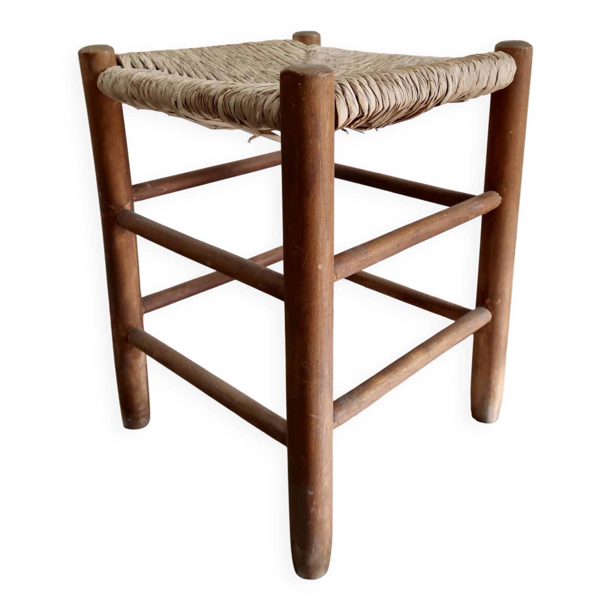 Vintage low wooden stool – Woven straw seat
