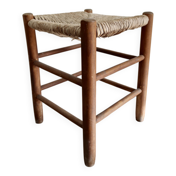Tabouret bas vintage en bois et assise en paille tressée