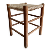 Vintage low wooden stool – Woven straw seat