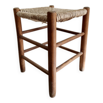 Vintage low wooden stool – Woven straw seat