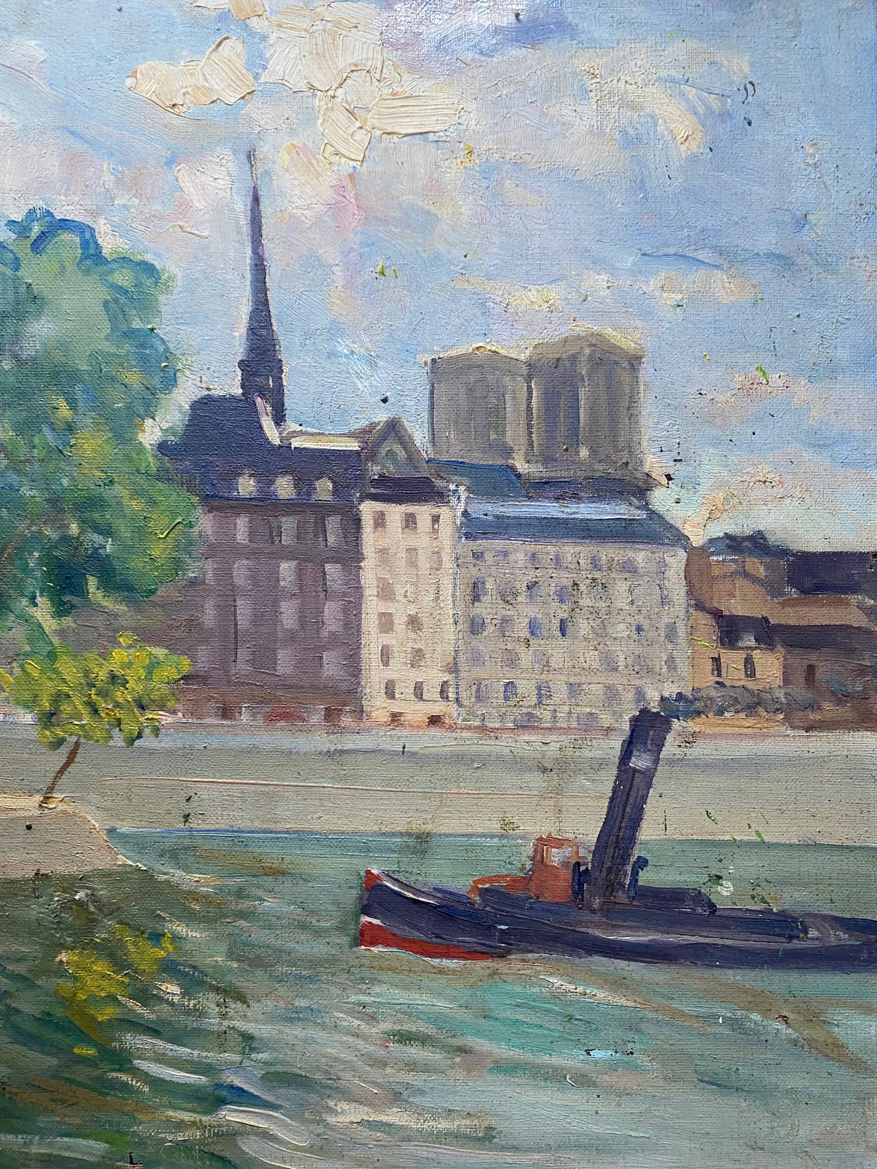 Painting "View of the Seine with tugboat" Paris signed circa 1950
