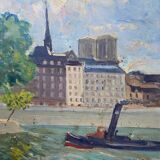 Painting "View of the Seine with tugboat" Paris signed circa 1950