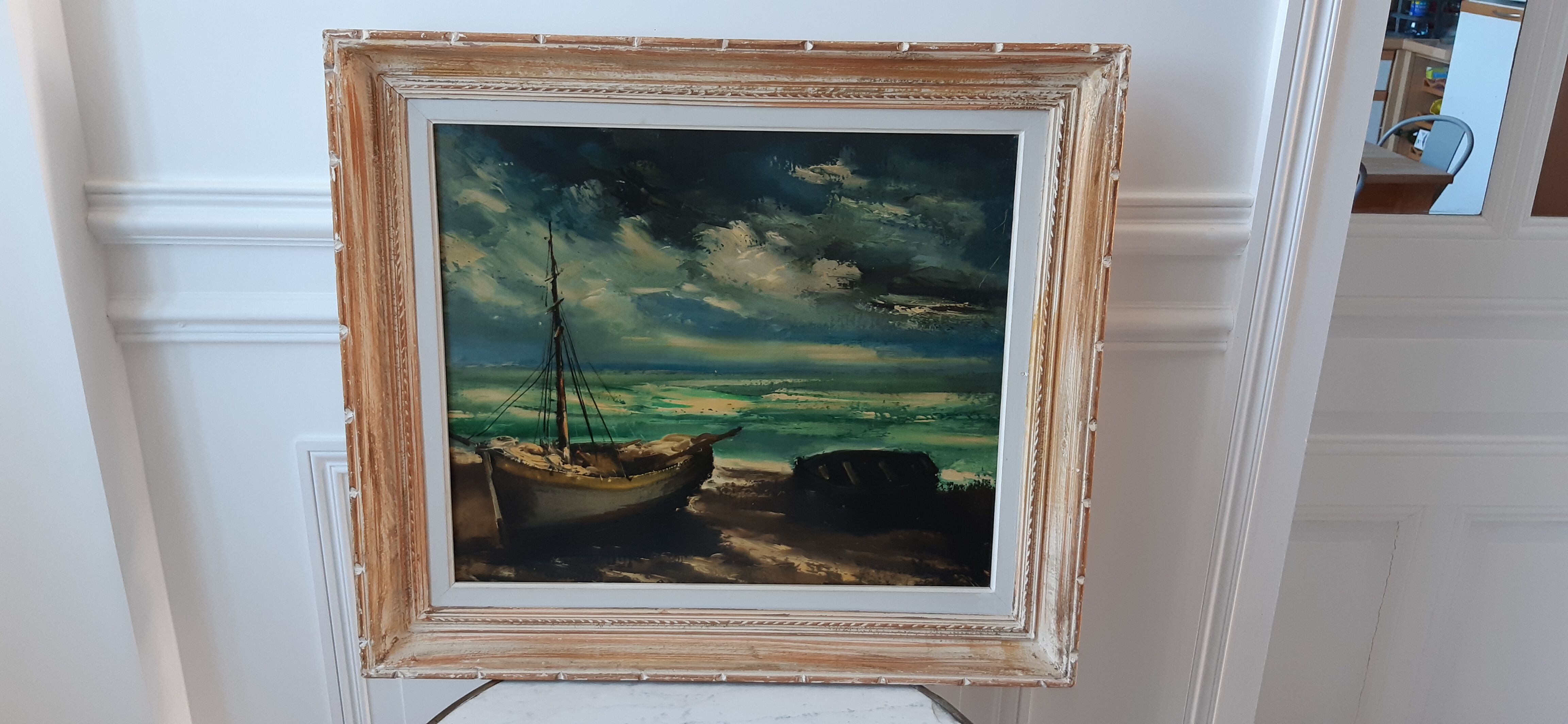 Tableau huile sur toile voilier signé vintage