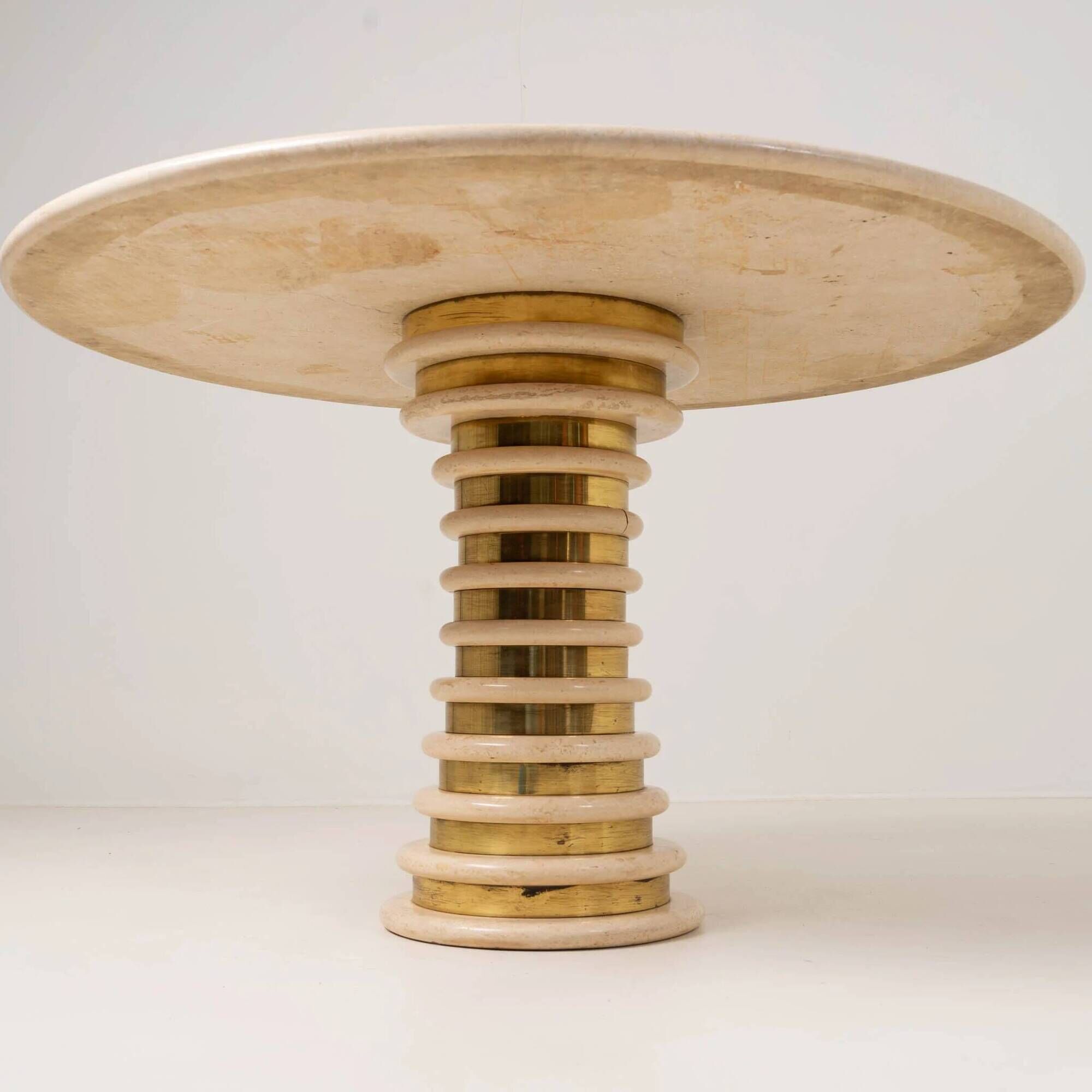 Italian Travertine and Brass Pedestal Dining Table Attributed to Marzio Cecchi for Studio Most, Italy,