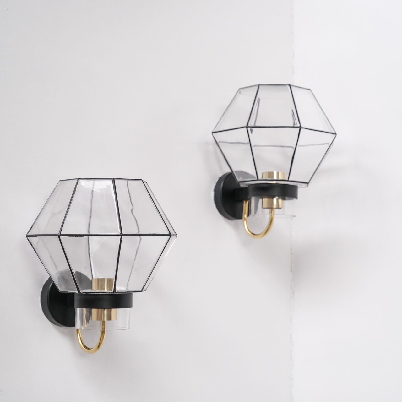 Pair of Mid-Century Glass and Brass Wall Lights