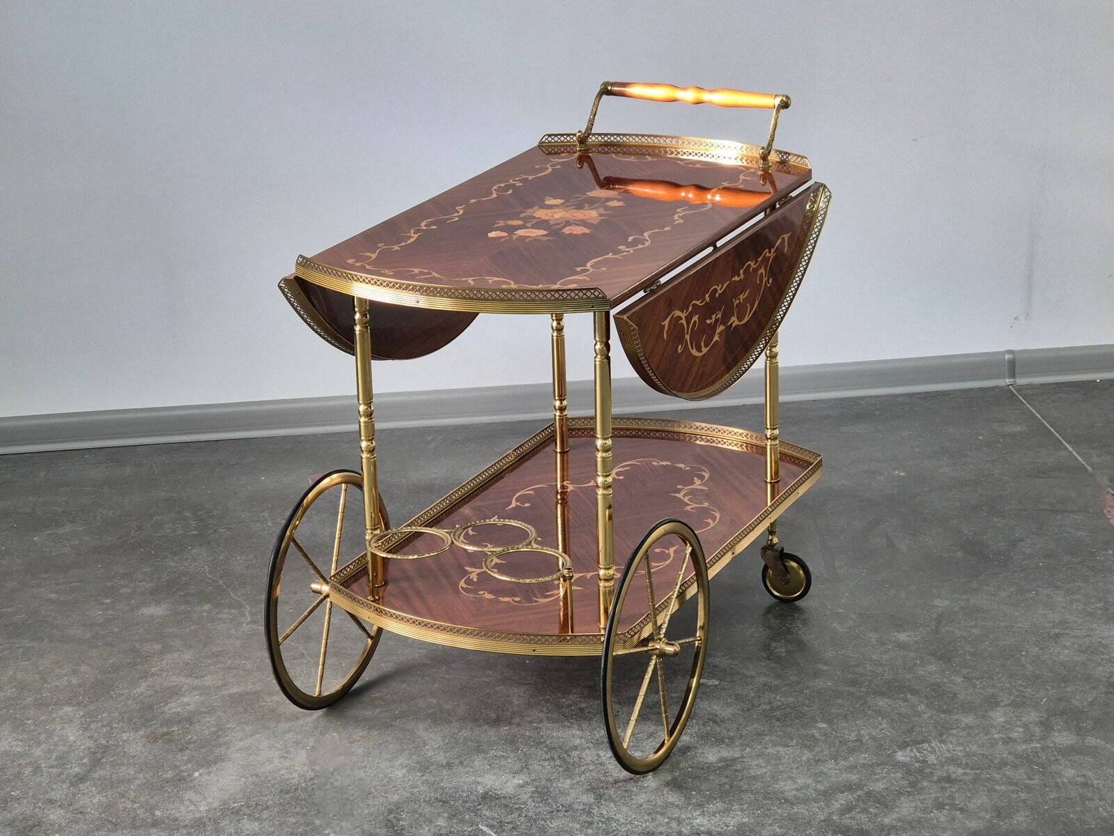 1970s drinks bar cart with side flaps in marquetry