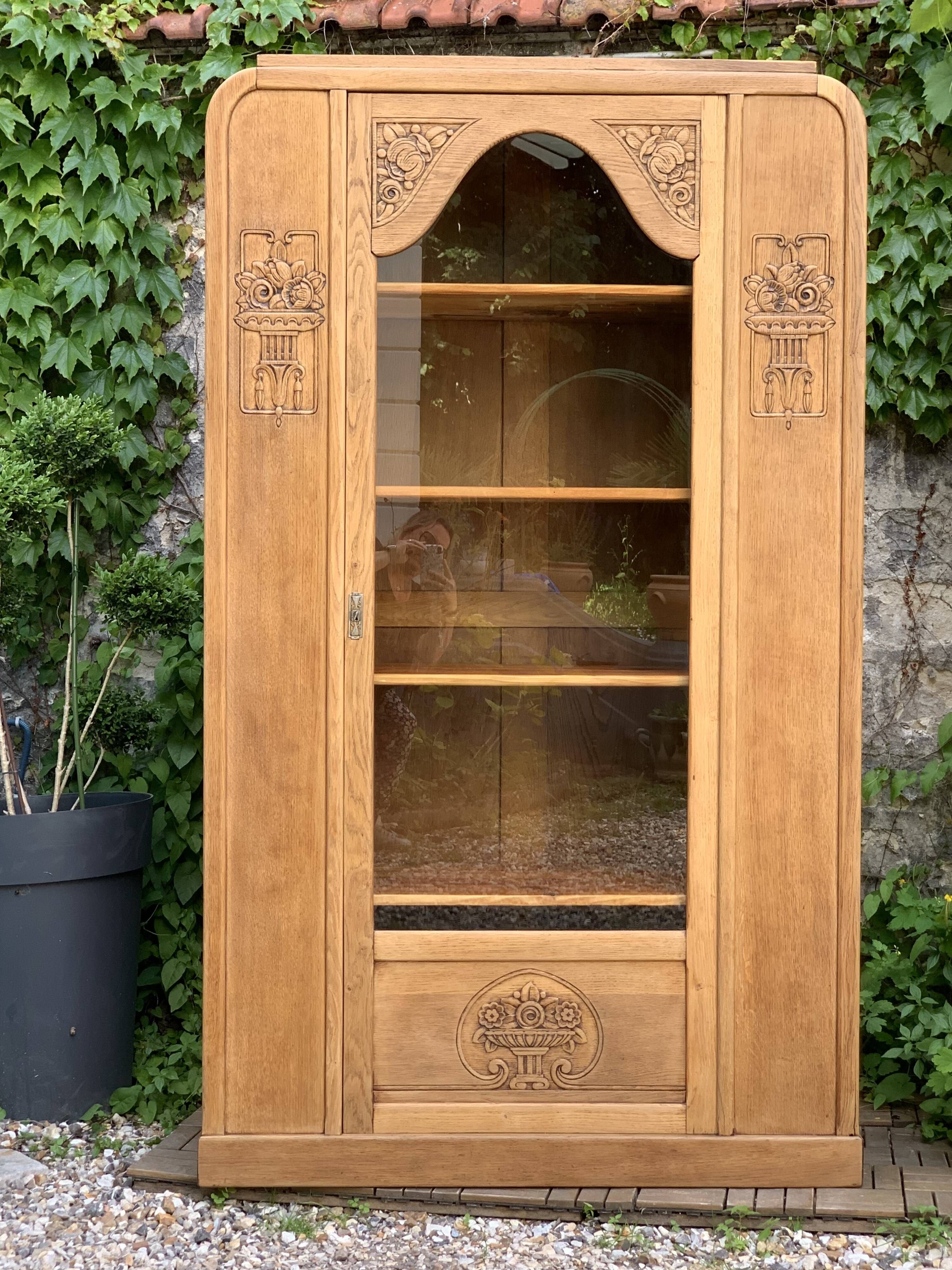 Armoire parisienne vitrée art déco bois brut 1930