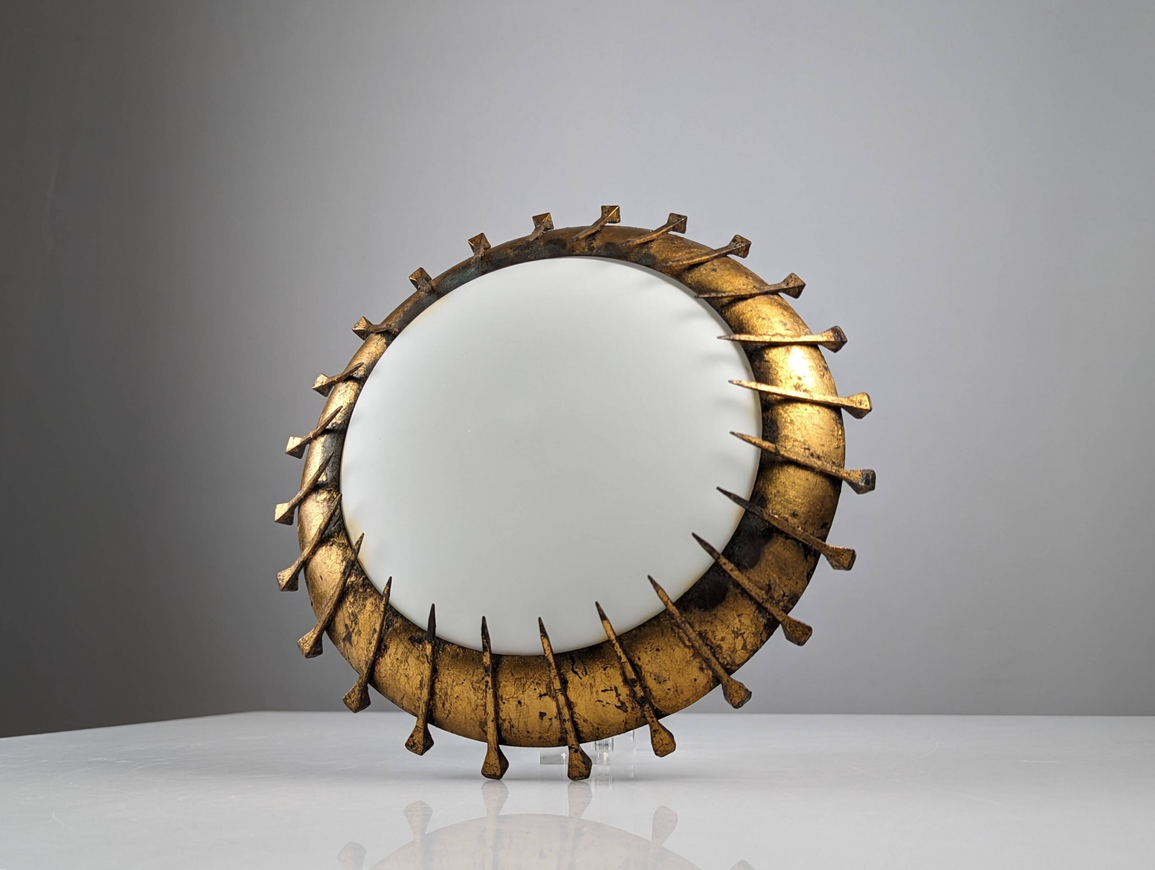 Sunburst lamp with nails forged with gold leaf and opaline, 1940s