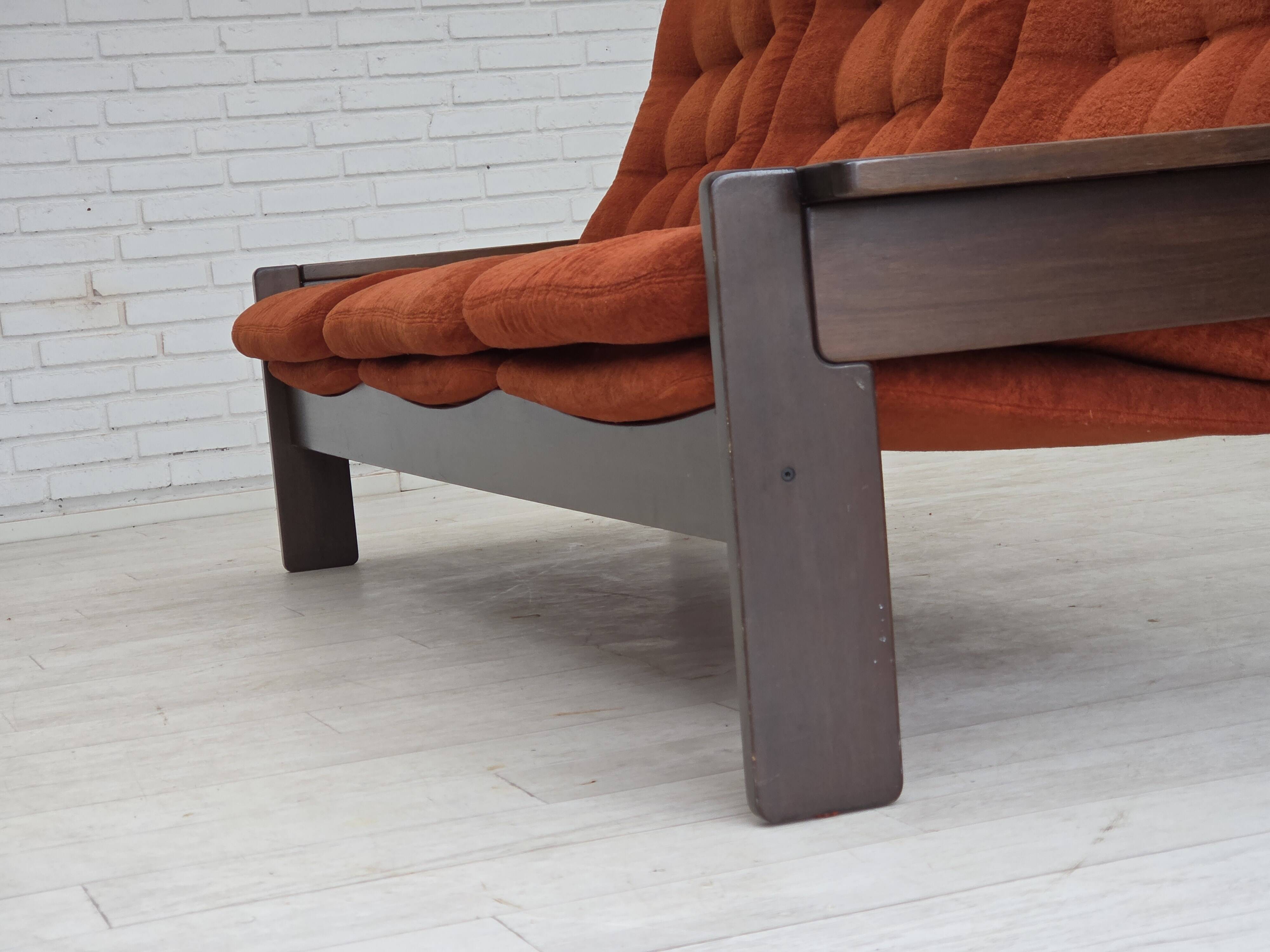 1970s, 3-seater Danish sofa, orange/red furniture velour, oak wood.