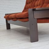 1970s, 3-seater Danish sofa, orange/red furniture velour, oak wood.