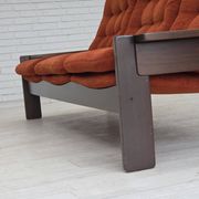 1970s, 3-seater Danish sofa, orange/red furniture velour, oak wood.