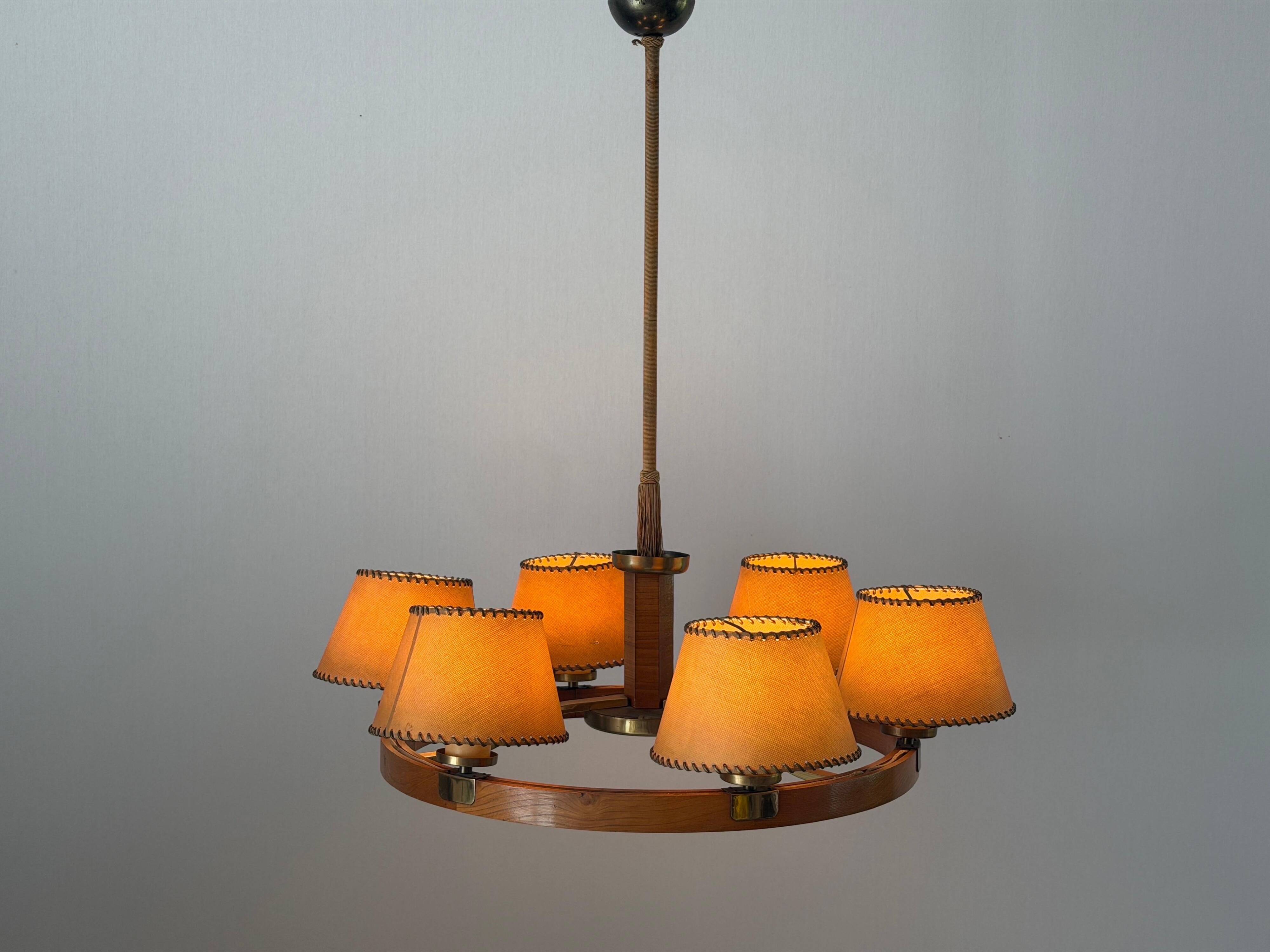 6 wooden paper head chandeliers with brass details, 1960s, Germany