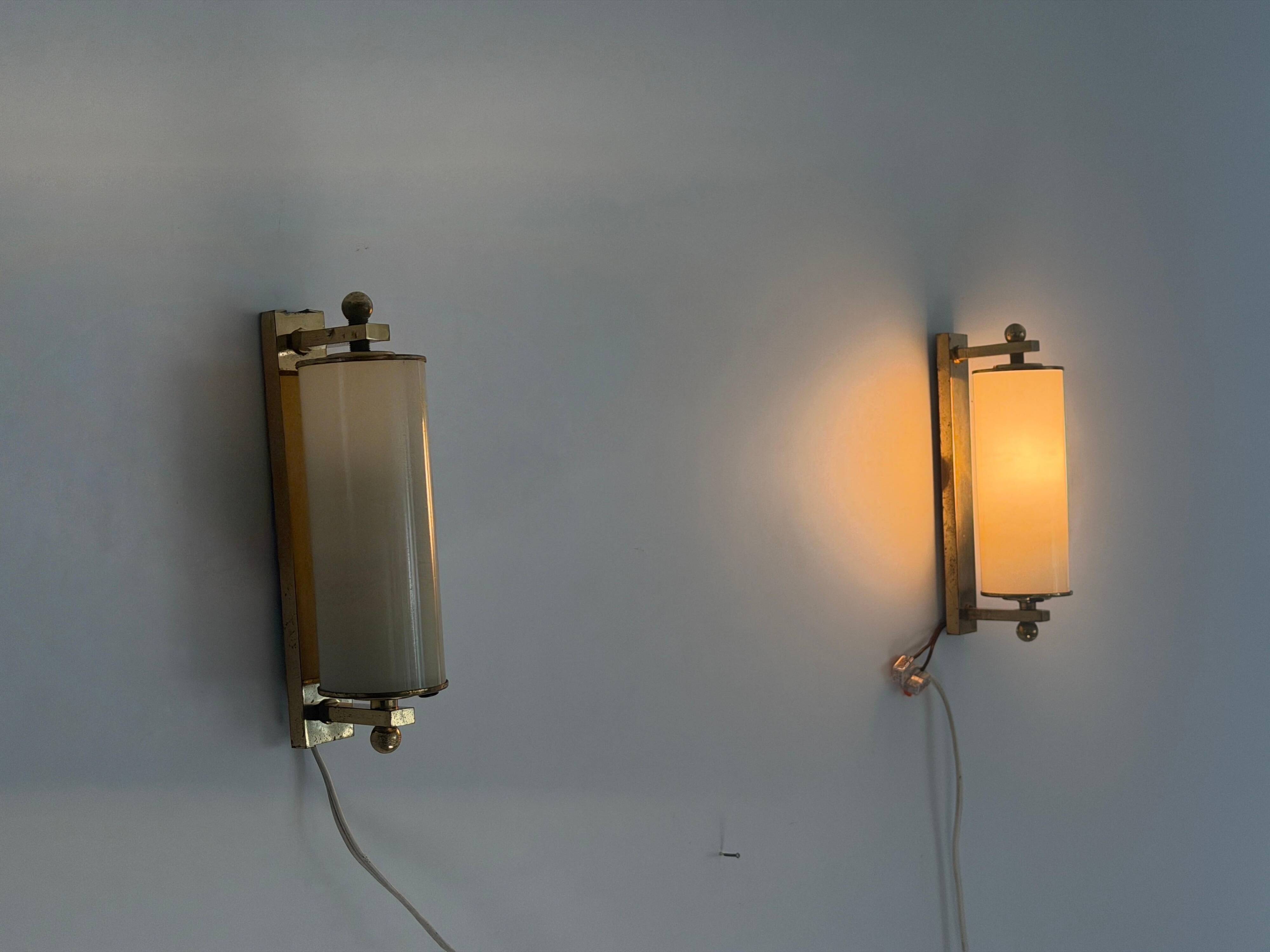 Art Deco wall lights in opaline glass and brass, 1940s, Germany