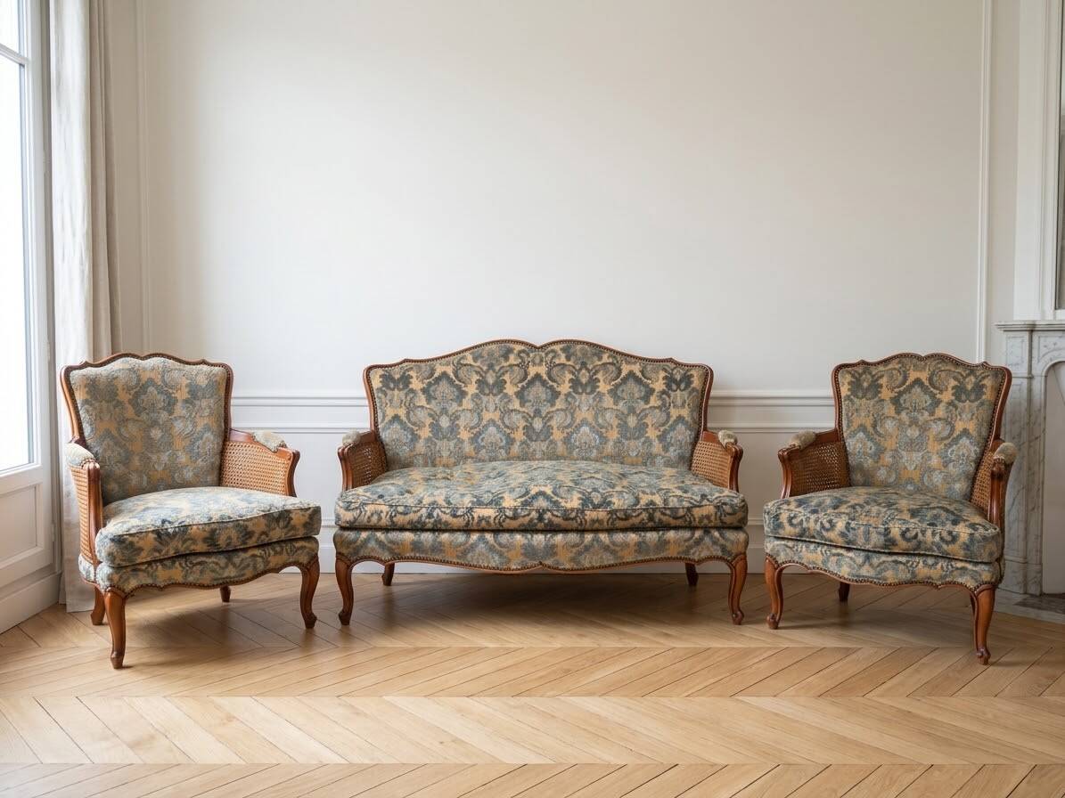 Louis XV style living room set with a sofa and 2 armchairs in cherry wood and fabric.