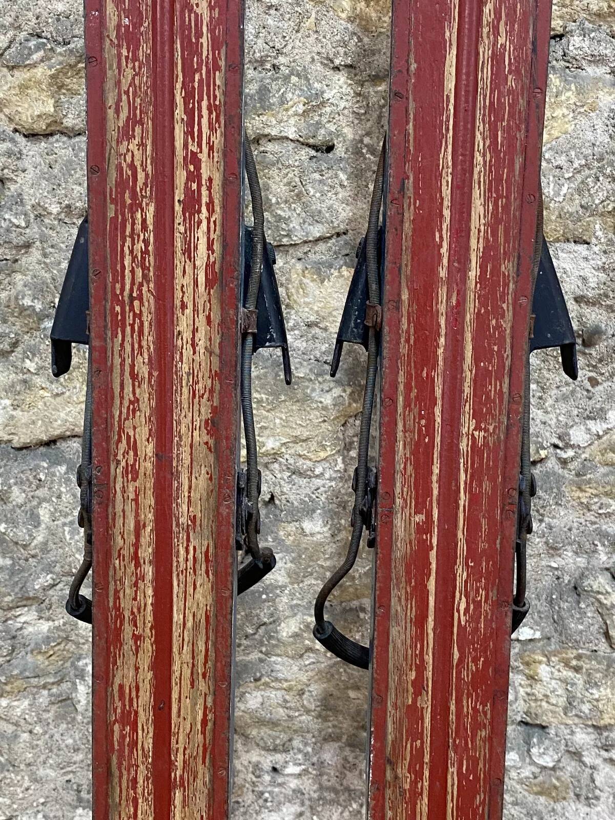 Old Pair of Vintage Blue & White Wooden Skis Mountain Chalet Decor - 218 cm