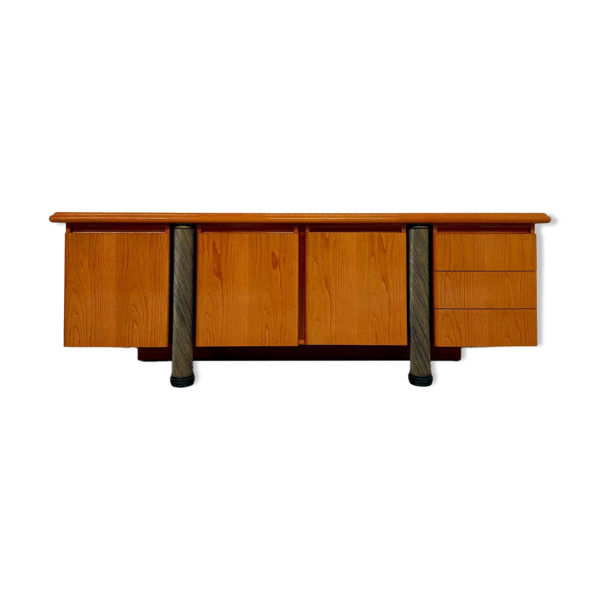 Enfilade en bois acajou et pieds rotin design des années 80 vintage