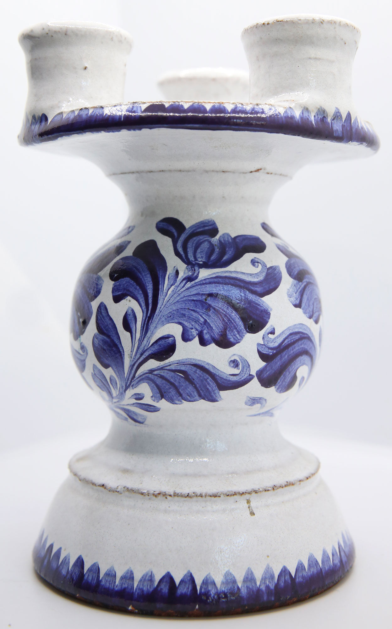 Triple candle holder in Biot earthenware with blue flower patterns