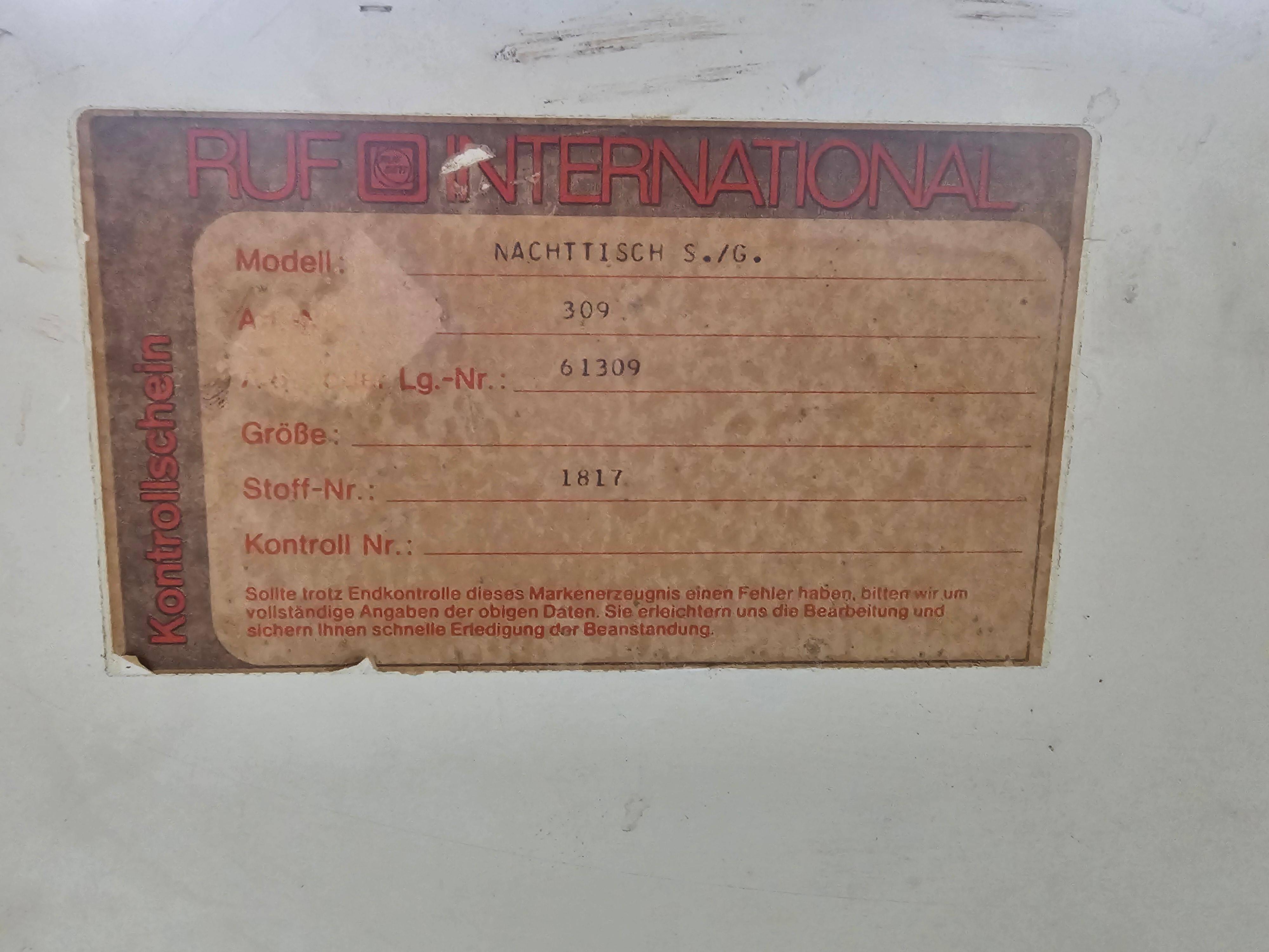 Pair of brass and suede bedside tables by RUF International, 1970.