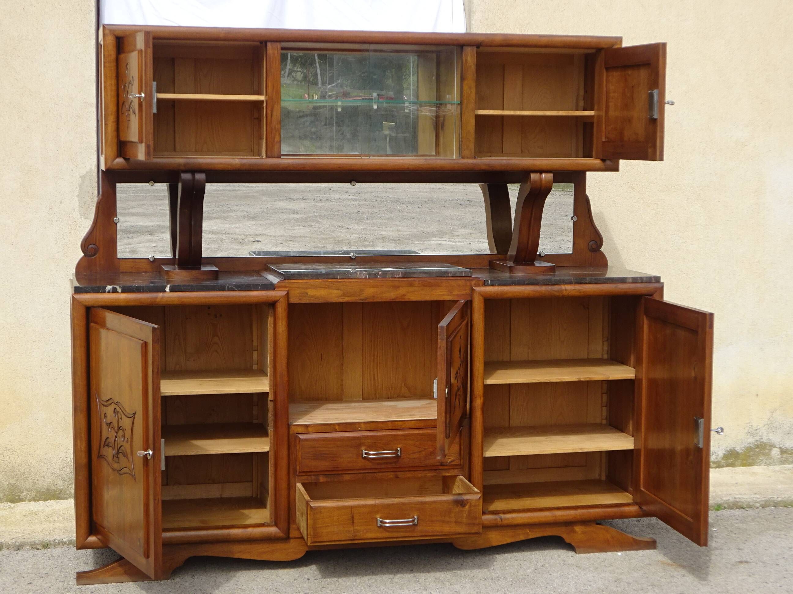 Large buffet with 2 bodies in walnut and marble